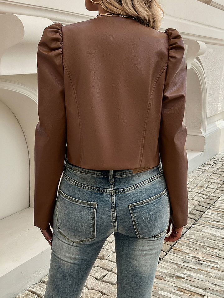 Effortless Faux Leather Jacket for Women with Puff Sleeve Open Front Cropped Style
