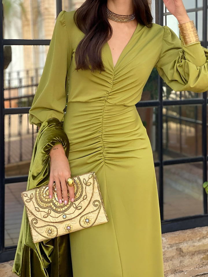 Elegant Maxi Dress for Women with V Neck Long Sleeve Ruched High Low Fall Wedding Guest Style